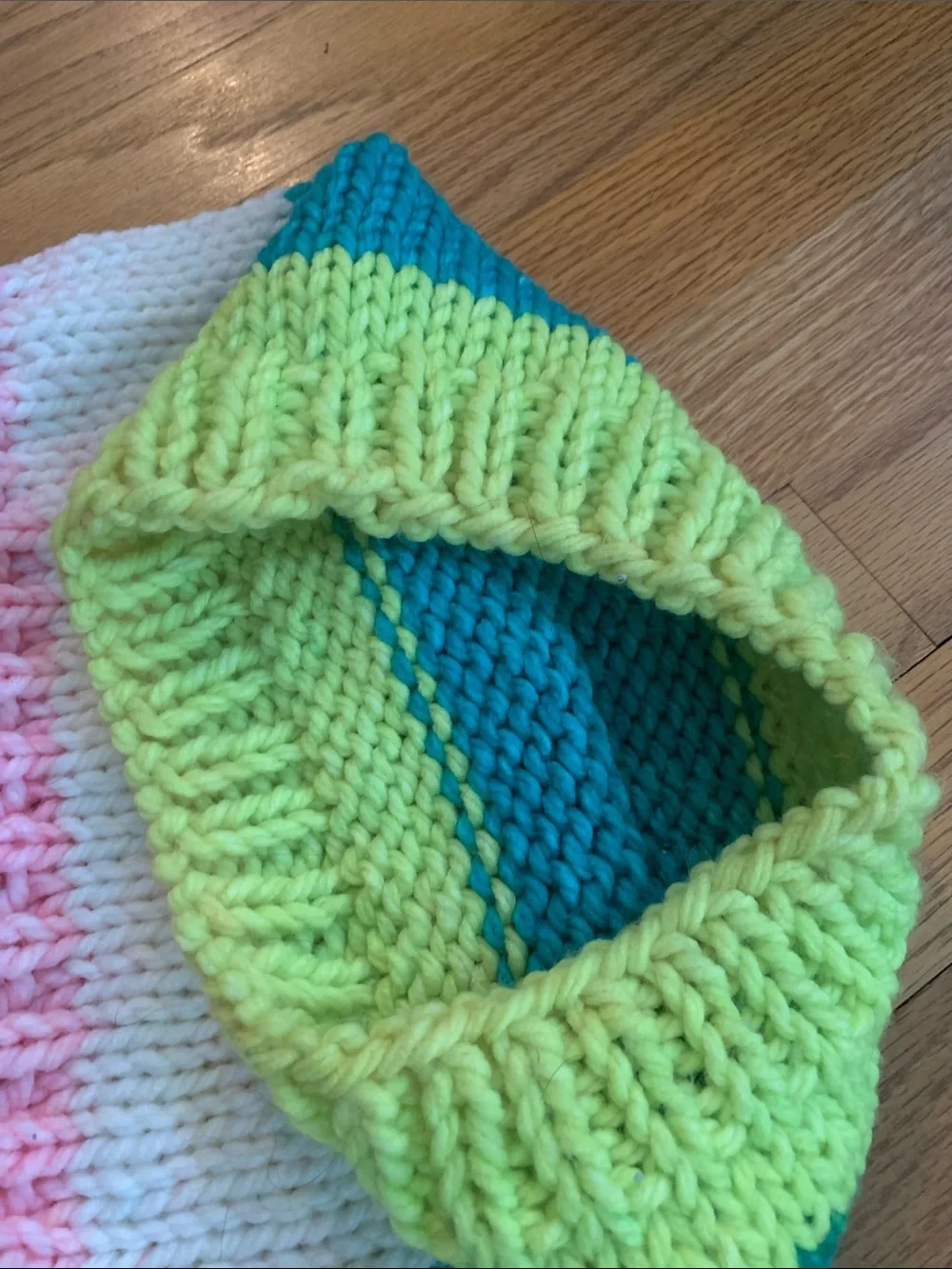 Striped Hand Knit Neck Warmer - Pink, White, Teal & Lime